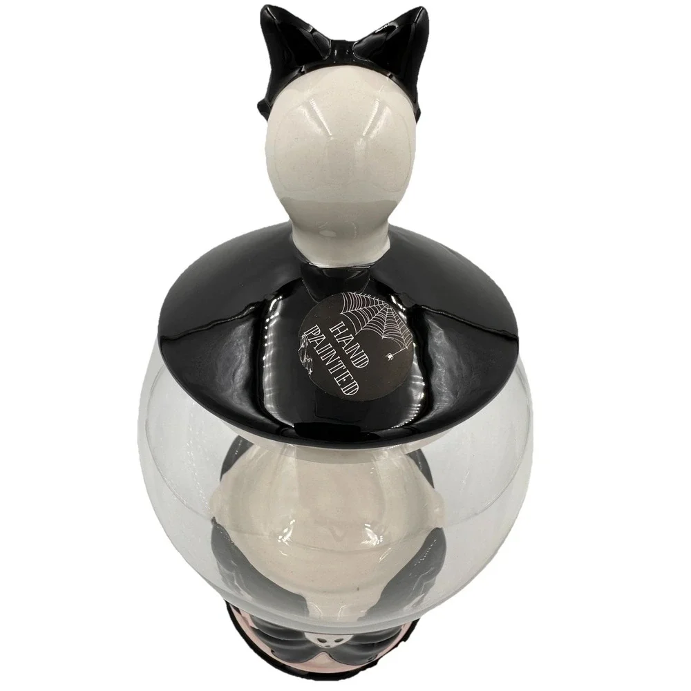 Cobwebs & Cauldrons Candy Jar Black White Glass Skeleton Bow Halloween Gothic